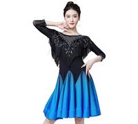 Hynyjxjy Bleu,XL, Tenues De Danse Latine Dégradées pour Femmes Tenue D'entraînement De Danse De Tango À Paillettes Robes De Danse De Salon À Franges Vêtements De Danse Salsa Cha Cha avec Strass