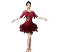 Hynyjxjy E,3XL, Jupe De Danse Latine À Franges pour Femme Robes De Performance De Danse De Salon À Col en V Vêtements De Tango À Manches Milongues Tenue De Danse Cha Cha avec Strass