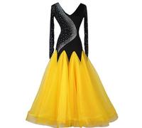 Hynyjxjy Jaune,XL, Compétition De Danse De Salle De Bal Vêtements De Danse Performance Tango Foxtrot Swing Plissé pour Femmes Robes De Strass Tenue De Danse Salsa Waltz À Manches Longues