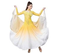 Hynyjxjy Jaune,XXL, Robes De Danse De Salon Dégradées pour Femmes Tenues De Compétition De Danse Aux Normes Nationales Tenue De Danse De Tango À Manches Longues Tenue De Danse De Salsa De Strass
