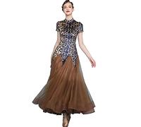 Hynyjxjy ,Marron,S, Robes De Danse De Salon À Manches Courtes pour Femmes Tenue De Danse De Valse À Motif Léopard Costumes De Danse Moderne Coupe Ajustée Tenue De Salsa avec Jupe en Tulle Ample
