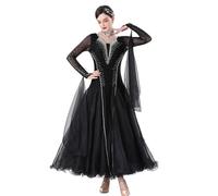 Hynyjxjy Noir,3XL, Robes De Concours De Danse De Salon pour Femmes Costumes De Danse De Valse Col V Vêtements De Danse De Flamenco À Manches Longues Tenue De Danse De Salsa avec Strass