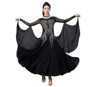 Hynyjxjy Noir,3XL, Robes De Danse De Salon À Manches Longues Vêtements De Danse De Valse en Résille pour Femmes Tenues De Danse pour Compétitions Nationales Tenue De Danse De Flamenco De Strass