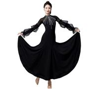 Hynyjxjy Noir,L, Robes De Danse De Salon À Manches Longues Vêtements De Danse De Valse en Maille Épissée pour Femme Costumes D'entraînement De Danse De Salsa Tenue De Danse Foxtrot avec Strass