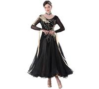 Hynyjxjy Noir,XXL, Robes De Compétition De Danse De Salon pour Femmes Tenue De Danse De Valse À Appliqués Costumes De Danse De Moderne À Manches Longues Vêtements De Danse De Flamenco