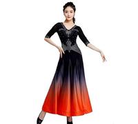 Hynyjxjy Orange,XL, Robes De Spectacle De Danse De Salon À Col en V Tenue De Danse De Salsa À Manches Mi-Longues Tenue De Danse De Valse Dégradée pour Femme Vêtements De Danse Sociale De Strass