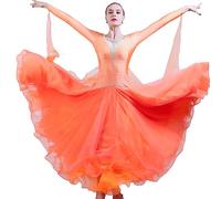 Hynyjxjy ,Orange,XL, Robes De Spectacle De Danse De Salon pour Spectacle Tenue De Danse De Valse Tango À Encolure Ronde pour Femme Tenue De Danse De Loisir Ornée De Strass Tenue De Danse De Salsa