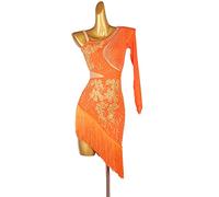 Hynyjxjy ,Orange,XL, Tenue Professionnelle De Danse Latine sans Bretelles Tenue De Danse De Tango À Franges pour Femme Robes De Danse De Salon À Appliques Tenue De Danse Cha Cha Ornée De Strass
