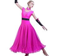 Hynyjxjy ,Rose Red,L, Robes De Danse De Salon À Manches Courtes pour Femmes Tenue De Danse De Moderne Et Valse Dos Nu Tenue De Danse De Tango avec Strass Tenue De Danse De Flamenco À Grande Ampleur