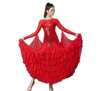 Hynyjxjy Rouge,3XL, Robes De Danse De Bal À Paillettes pour Femmes Vêtements De Danse De Valse À Col Rond Tenue De Danse De Standard Nationale en Maille Contrastée Vêtements De Danse De Foxtrot