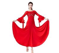 Hynyjxjy Rouge,M, Robes De Danse De Bal À Manches Trompette Tenue De Danse De Valse À Paillettes pour Femme Vêtements De Danse De Tango Foxtrot en Résille Costumes De Danse De Sociale Swing