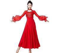 Hynyjxjy Rouge,M, Robes De Danse De Salon À Paillettes pour Femmes Costumes De Performance De Danse De Foxtrot Vêtements De Danse De Valse À Manches Longues Tenue De Danse De Salsa