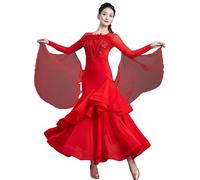 Hynyjxjy Rouge,M, Robes De Danse De Salon À Paillettes pour Femmes Vêtements De Danse Aux Normes Nationales À Manches Longues Tenue De Danse De Compétition De Foxtrot Vêtements De Danse De Valse