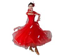 Hynyjxjy Rouge,S, Robes De Danse De Salon À Manches Milongues Costume De Danse De Valse en Maille Épissée pour Femme Vêtements De Danse De Sociale Dos Nu Tenue De Danse De Foxtrot en Tulle
