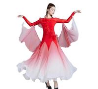 Hynyjxjy Rouge,XL, Tenue De Danse Salsa Col Rond Femme Costumes De Danse De Valse Dégradée Robes De Concours De Danse De Salon en Mousseline De Soie Vêtements De Danse De Foxtrot Grand Swing