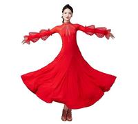 Hynyjxjy Rouge,XXL, Robes De Danse De Salon À Manches Longues Vêtements De Danse De Valse en Maille Épissée pour Femme Costumes D'entraînement De Danse De Salsa Tenue De Danse Foxtrot avec Strass