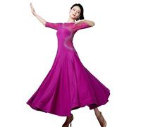 Hynyjxjy Violet,M, Medium Sleeve Ballroom Dance Dresses Women's Mesh Splice Waltz Dancing Clothes Tango Dancing Wear for Practice Foxtrot Dance Outfit with Rhinestone