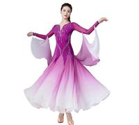 Hynyjxjy Violet,M, Robes De Concours De Danse De Salon Dégradées Tenue De Danse De Valse À Manches Longues pour Femme Costume De Tango Foxtrot À Mailles Épissées Vêtements De Danse De Salsa