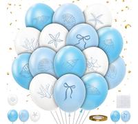 HYOWCHI Lot de 48 ballons en forme de coquillages pour l'été, l'océan, un anniversaire, une fête prénatale, un enterrement de vie de jeune fille, coquillage bleu, blanc, étoile de mer, nœud corail