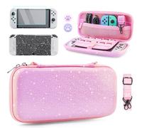 HYPERCASE Étui de transport rose compatible avec Nintendo Switch OLED, étui de rangement de voyage portable avec coque de protection à paillettes, protecteur d'écran, bandoulière réglable, 2 capuchons