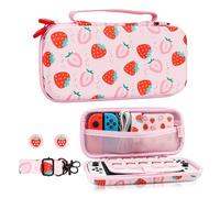 HYPERCASE Étui de transport rose fraise compatible avec Nintendo Switch/OLED, ensemble d'accessoires de voyage portables pour console Switch avec 10 emplacements pour cartes de jeu, bandoulière et 2