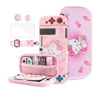 HYPERCASE Étui de transport rose pour Nintendo Switch, kit d'accessoires portables avec joli sac de voyage Switch de chat de dessin animé, housse de protection pour NS, protecteur d'écran, bandoulière
