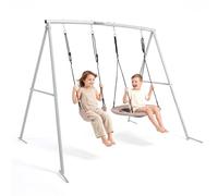 HyperMotion Balançoire Double en Métal Gris/Beige, Structure 235 × 172 × 183 cm, Siège Classique, Capacité 100 kg par Siège, 2 Places