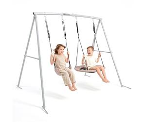 HyperMotion Balançoire Double en Métal Peint Gris/Beige, Siège Classique et Nid d'Oiseau, Structure 235 × 172 × 183 cm, Capacité 100 kg par Siège, 2 Places