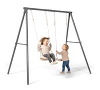 HyperMotion Double Balançoire de Jardin pour Enfants Réglable en Hauteur Deux Sièges Stable Structure Acier Ancrage Ancrage Beige pour Jardin