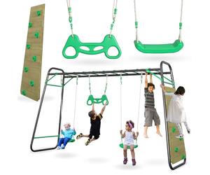 HyperMotion Swing HYP18 - Aire de Jeux ExtéRieur Enfant avec Balançoire 2 Sièges, TrapèZE, ÉChelle, Mur d'escalade - Structure Acier 200 kg Max - 368 x 222 cm