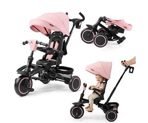 HyperMotion Tobi Timber Tricycle Évolutif Pliable Rose 1-5 Ans, Siège Rotatif 360°, Roue Libre, Canne Parent Réglable, Pare-Soleil, Roues EVA, Tricycle Enfant