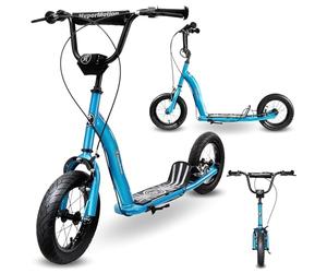 HyperMotion Trottinette Enfants 5+ Roues Gonflées Bleu 12 Pouces Guidon Réglable Freins À Main Large Plate-Forme En Acier Construction Jusqu'à 50 kg