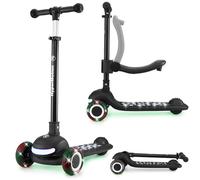 HyperMotion Trottinette Lumineuse 3-en-1 avec Siège Réglable et LED - Évolutive dès 1 an, Guidon Ajustable 66-93cm, Pliable - Trottinette Enfant 3 Ans Usage IntéRieur/ExtéRieur, Max 50kg, Noir