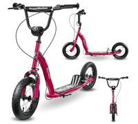 HyperMotion Trottinette pour Enfants 5+ Fuchsia Magenta Roues Pompées 12 Pouces Guidon Réglable Freins à Main Large Plate-forme Acier Construction Jusqu'à 50 kg