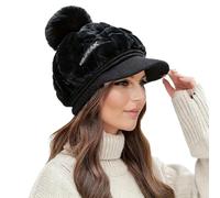 HYPYXUS Chapeau Chaud à Bord Court pour Femme, Doublure en Polaire, Bonnet Ample tricoté Chaud avec visière, Doux et Extensible, Joli Chapeau à Pompon d'hiver pour Femme pour Temps Froid (B#)