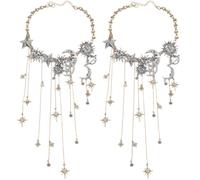 HYPYXUS Collier à pampilles multi-pendentifs soleil, lune et étoiles, pendentif à franges en forme de cascade de cristal et strass, croissant de pentagramme, bijoux de déclaration vintage (2PcsB)