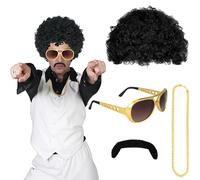 Hyran Deguisement Hippie pour Homme - Ensemble 4 Pièces Années 70 & 80 avec Perruque Afro, Lunettes, Collier, Moustache - Déguisement Adulte pour Carnaval, Disco, Fêtes à Thème, Halloween