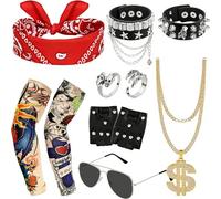 Hysagtek Accessoires de Costumes Punk Lot de 11 Deguisements Rock Accessoires Homme 70/80/90s Runk Rocker Kit Métal Lourd Disco Rocker Style Punk Rock avec Bracelet & Bague pour Dress Up