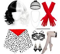 Hysagtek Cruella De Vil Costume - 9 pièces noir et blanc Cruella Deville Costume pour femme avec perruque, masque, colliers de perles, boucles d'oreilles, écharpe, porte-cigarettes, bas en résille