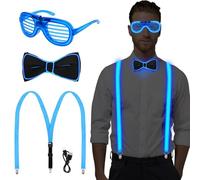 Hysagtek Lot de 3 bretelles lumineuses pour homme réglables avec nœud papillon LED et lunettes - 3 modes LED pour fête costumée et mascarade