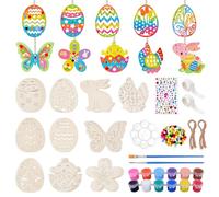 Hysagtek Lot de 57 œufs de Pâques en bois à peindre - Avec pompons - Cordon décoratif - Strass - Cadeau de Pâques pour la famille, les amis, les collègues