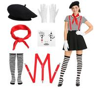 Hysagtek Pantomime Costume de clown pour femme - Lot de 6 costumes de carnaval pour femme avec béret, écharpe, gants, chaussettes et bretelles de tatouage, pour carnaval, cosplay, fête à thème