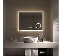 HySail Miroir Salle de Bain 80cmx60cm, Miroir LED avec Horloge,Grossissement 3X, Anti-buée,Dimmable, Fonction Mémoire
