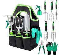 HYSHLC Lot de 2 outils de jardinage - 9 pièces - En acier inoxydable robuste - Avec sac de rangement durable - Cadeau de jardin pour femmes et hommes - Vert
