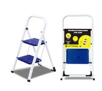 HYTAMA Steel Home Tabouret Pliant à 2 marches, échelle, verrou de sécurité, Rangement Facile, capacité de 150 kg, Acier Peint léger Blanc et Bleu