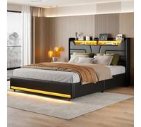 HYTKKBD Lit coffre 140 x 200 cm, lit double avec conteneur, lits fonctionnels avec éclairage LED et recharge USB, sommier à lattes, sans matelas, noir PU