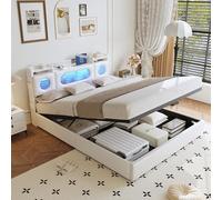 HYTKKBD Lit de coffre 140 x 200, lit double avec conteneur, lit rembourré avec rangement et chargeur avec USB et lumière LED, sommier à lattes, tissu PU, sans matelas, blanc