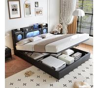 HYTKKBD Lit de coffre 140 x 200, lit double avec conteneur, lit rembourré avec rangement et chargeur avec USB et lumière LED, sommier à lattes, tissu PU, sans matelas, noir