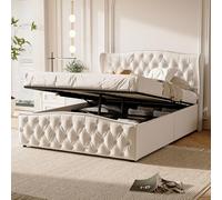 HYTKKBD Lit double 140 x 200 cm, lit rembourré avec conteneur, lits doubles avec motif ondulé riveté, sommier à lattes en bois et métal, sans matelas, flanelle beige