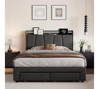 HYTKKBD Lit double avec conteneur, 160 x 200 cm, lit coffre avec LED, port USB, lits fonctionnels avec 2 tiroirs, sans matelas, lin gris